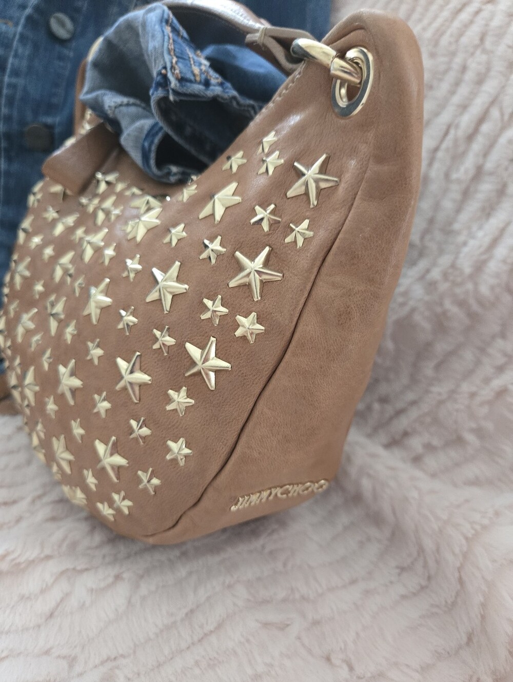 Authentic JIMMY CHOO Sky Star Studded Camel Leather Hobo Sloutch Satchel - Picture 4 of 16